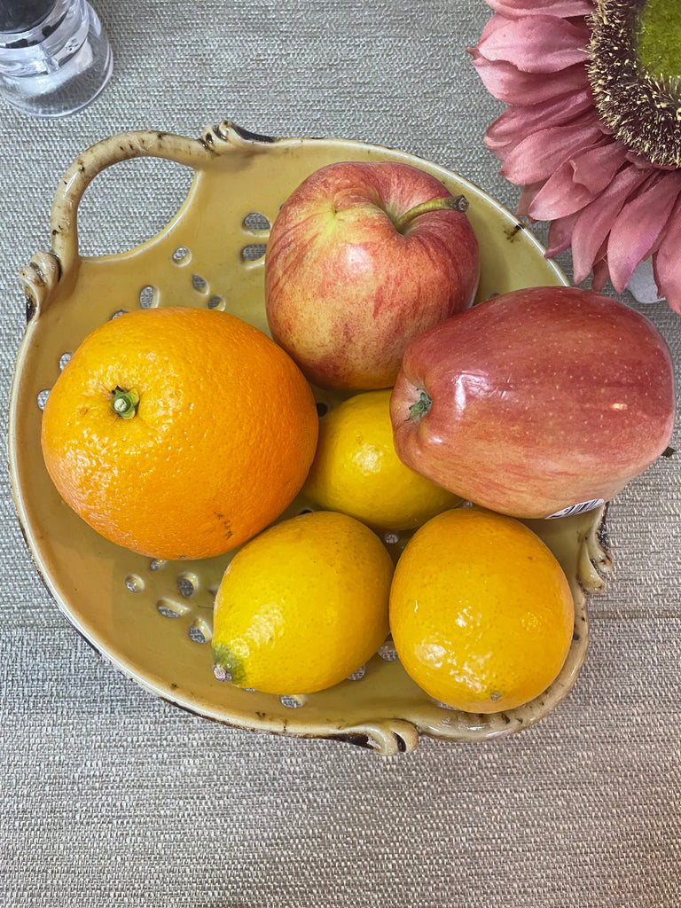 Yellow Colander with Brown Handle